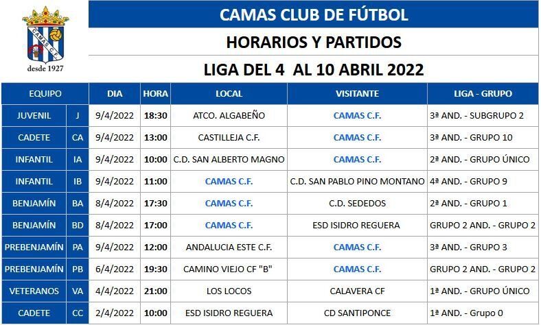HORARIOS Y RIVALES FÚTBOL 7 SEMANA 4-10 ABRIL