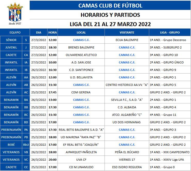 HORARIOS Y RIVALES FÚTBOL 7 SEMANA 21-27 MARZO