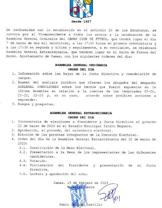 CONVOCATORIA PARA ASAMBLEA DE SOCIOS