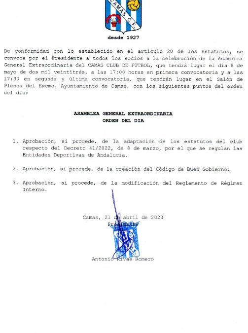 CONVOCATORIA ASAMBLEA GENERAL EXTRAORDINARIA PARA MODIFICAR ESTATUTOS, REGLAMENTO RÉGIMEN INTERNO Y LA CREACIÓN DEL CÓDIGO DE BUEN GOBIERNO