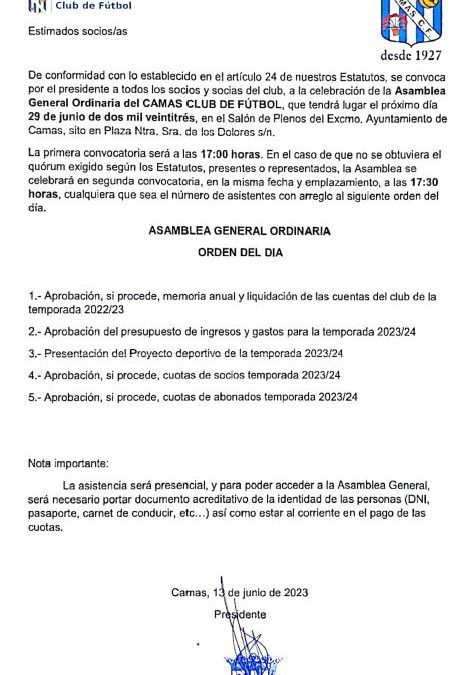 CONVOCATORIA ASAMBLEA GENERAL DE SOCIOS ORDINARIA PARA EL 29 DE JUNIO DE 2023