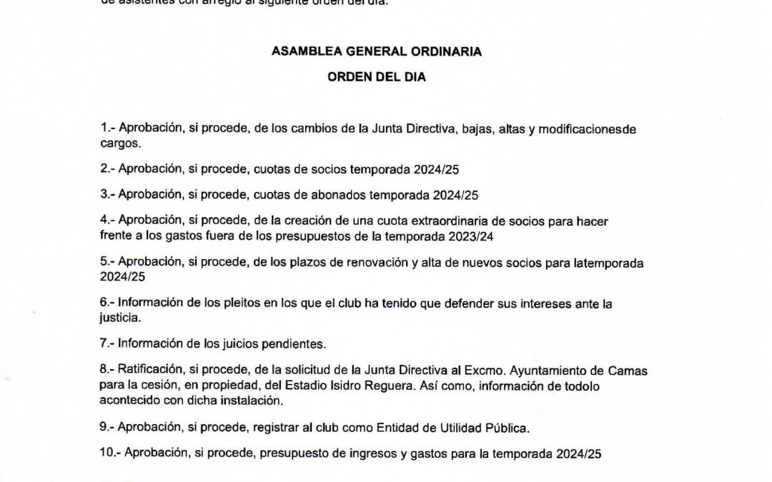 CONVOCATORIA ASAMBLEA GENERAL DE SOCIOS ORDINARIA PARA EL 26 DE JULIO DE 2024