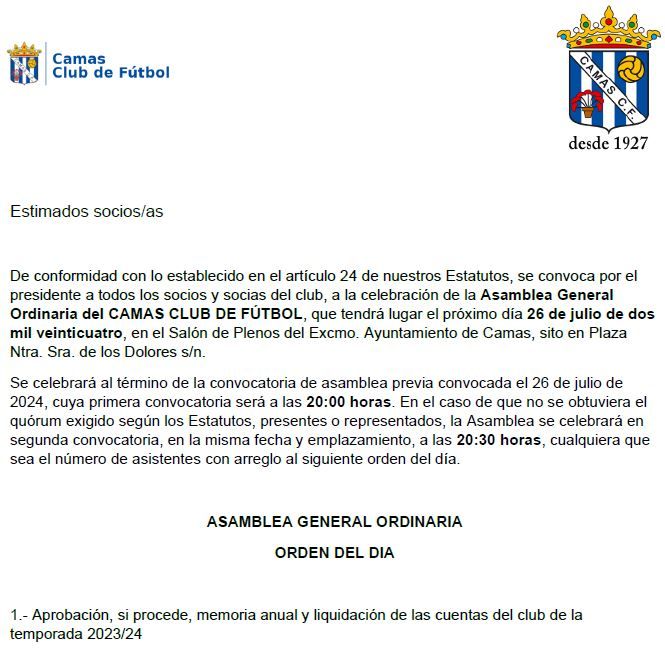2ª CONVOCATORIA ASAMBLEA GENERAL DE SOCIOS ORDINARIA PARA EL 26 DE JULIO DE 2024